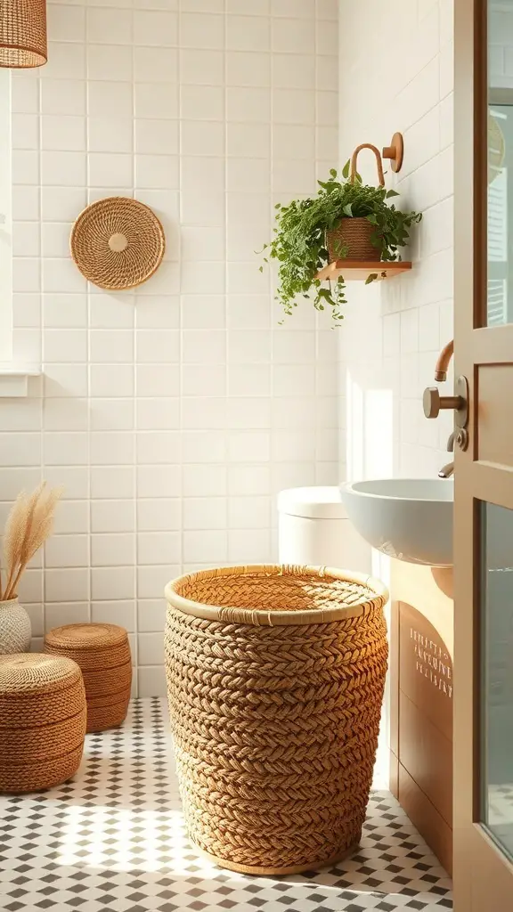 A bright bathroom featuring decorative woven baskets for storage.