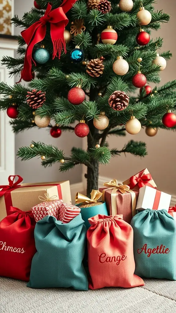 29+ Creative Sewing Projects for Handmade Christmas Gifts 6 Personalized fabric gift bags under a Christmas tree with ornaments and presents.