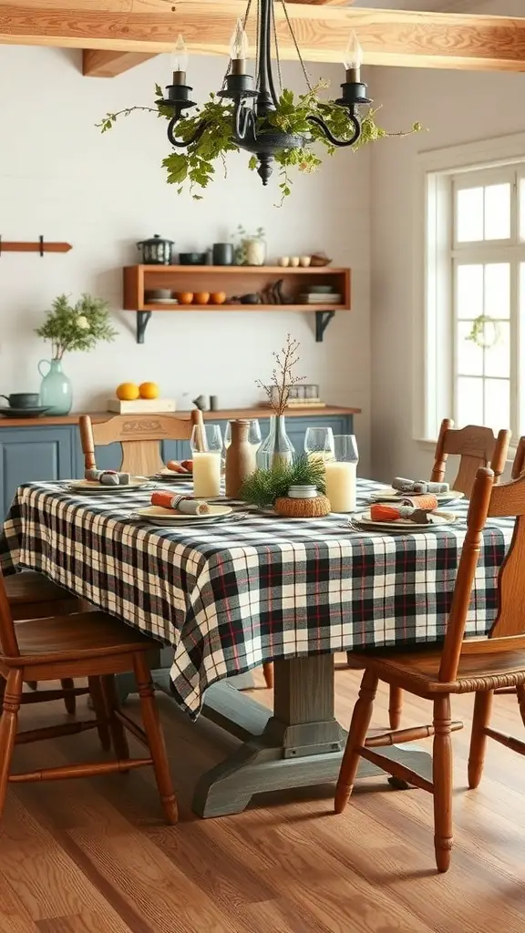 A rustic farmhouse table setting with a plaid tablecloth, wooden chairs, candles, and greenery.