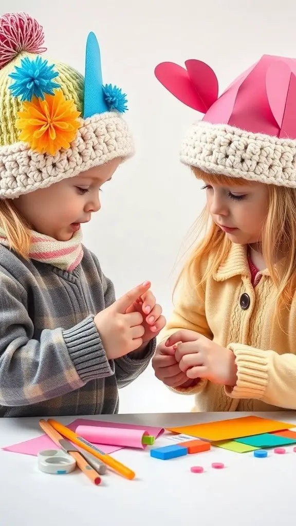 Two toddlers creating colorful paper hats with decorations on a table.