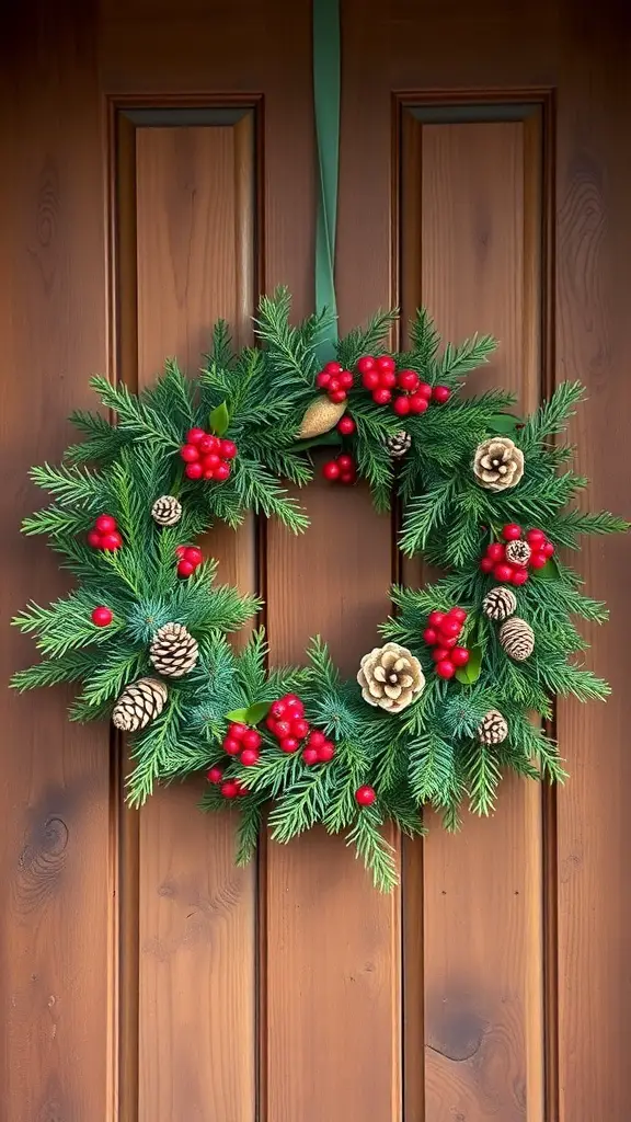 29+ Creative Christmas Doorway Decorations to Brighten Your Holiday Season 3 A festive wreath made of pine needles, red berries, and pine cones, hanging on a wooden door.