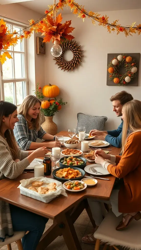 29+ Creative Thanksgiving Party Ideas to Celebrate in Style 13 A cozy Thanksgiving gathering with friends enjoying a meal and engaging in trivia games.