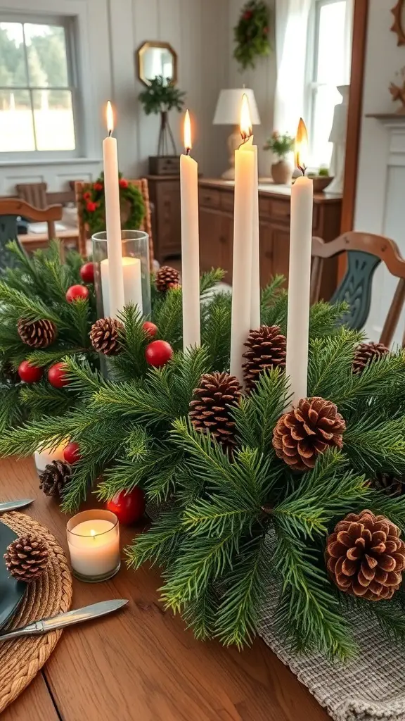 A beautifully arranged dining table centerpiece featuring evergreen branches, pinecones, red ornaments, and white candles.