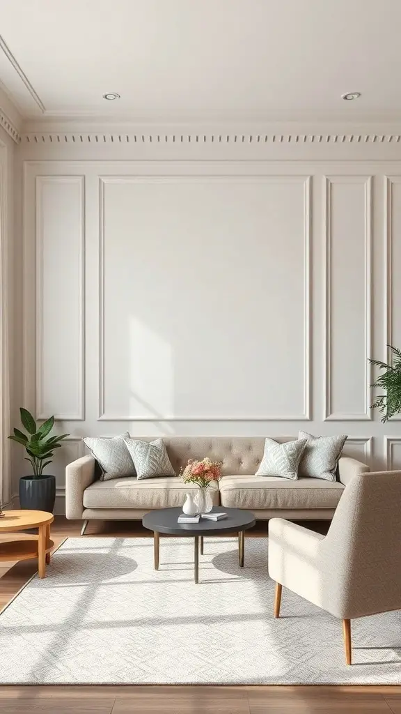 25+ Stylish Wall Trim Ideas to Enhance Your Home Decor 2 A modern living room featuring flat panel trim on the walls, with a neutral color palette and contemporary furniture.