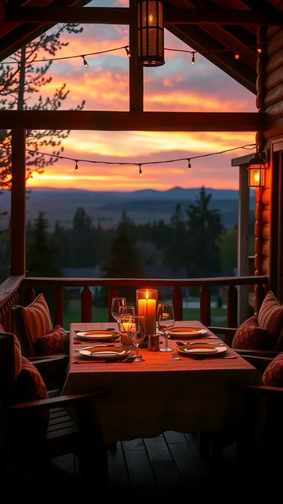 29+ Cozy Cabin Trip Ideas for Your Perfect Getaway 2 A cozy cabin porch with a table set for two, candles lit, and a beautiful sunset in the background.