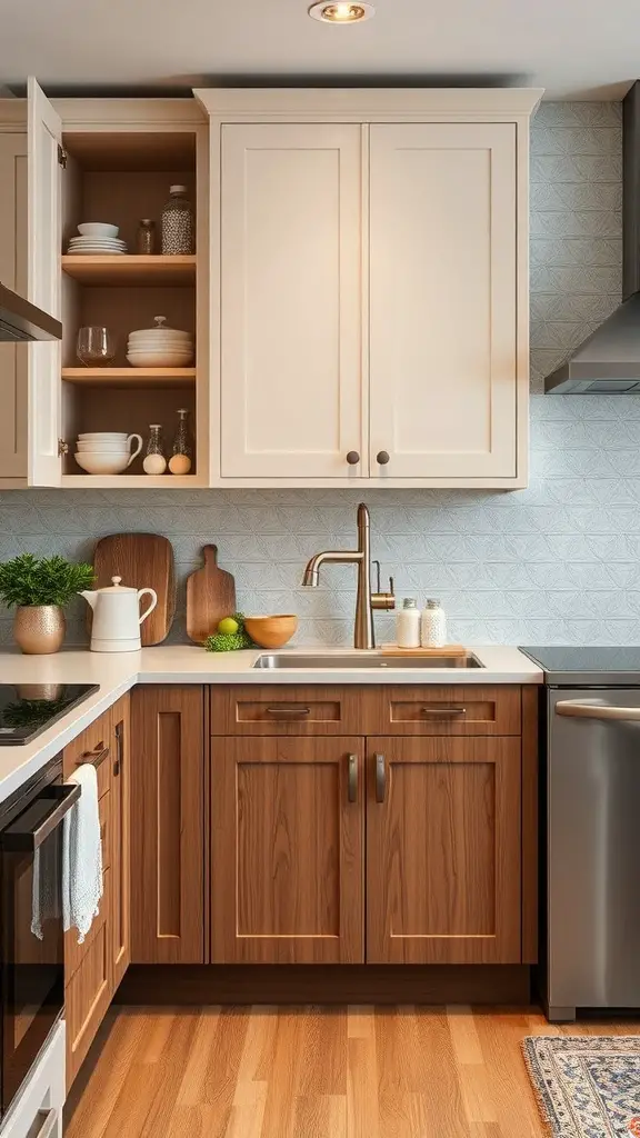 27+ Stylish Slim Shaker Cabinets for Your Dream Kitchen 2 A kitchen featuring slim shaker cabinets with a mix of light and dark wood tones, showcasing open shelving and a modern sink.