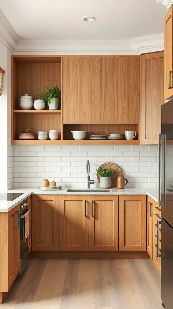 29+ Warm Neutral Kitchen Ideas to Transform Your Space 2 A warm neutral kitchen with wooden cabinets and open shelves displaying dishware.