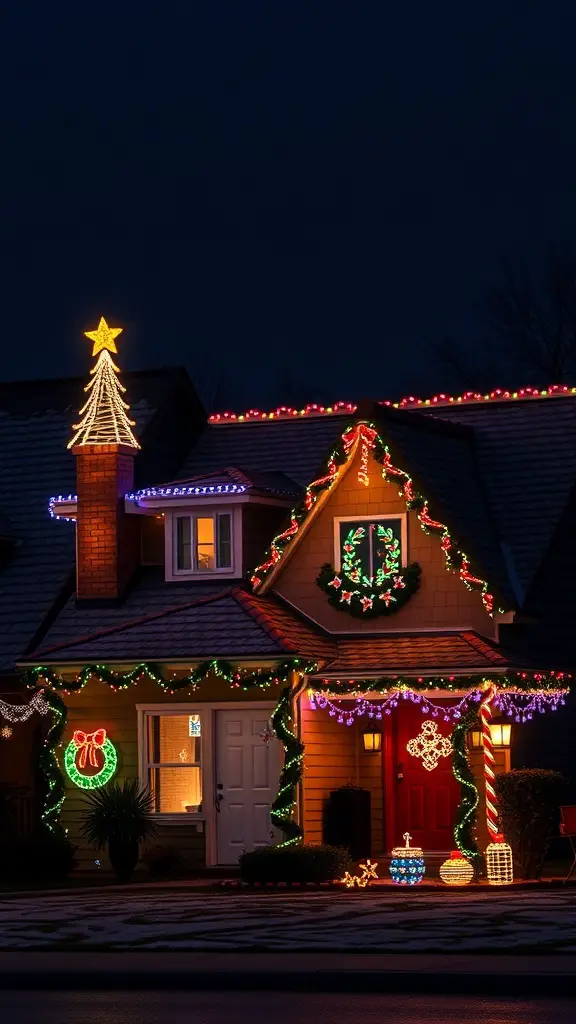 27+ Stunning Roof Christmas Light Ideas to Brighten Your Holidays 7 A house decorated with colorful Christmas lights on the roof, featuring a tree shape and wreaths.
