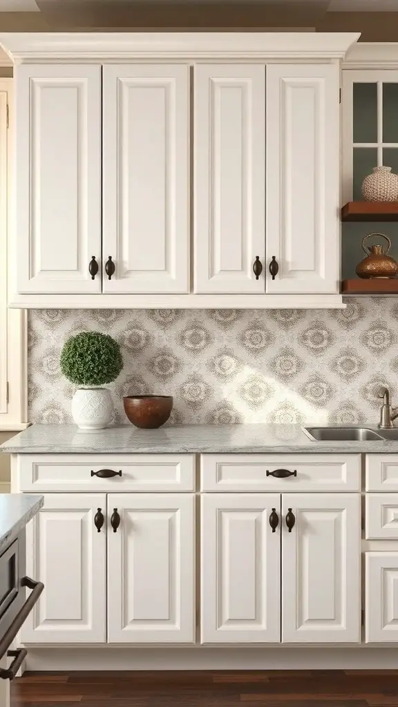 25+ Stunning Antique White Kitchen Cabinets for Timeless Style 2 Antique white kitchen cabinets with dark contrasting hardware and a decorative backsplash.