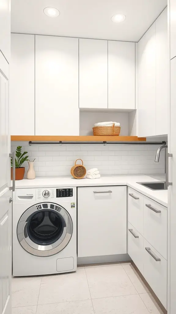 25+ Stunning Laundry Room Cabinet Ideas for a Chic and Organized Space 2 A modern laundry room featuring sleek white cabinets and a wooden shelf, with a washing machine and a small sink.