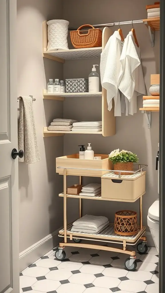 25+ Bathroom Closet Organization Ideas You’ll Love 7 A well-organized bathroom closet featuring a rolling cart with towels and toiletries.