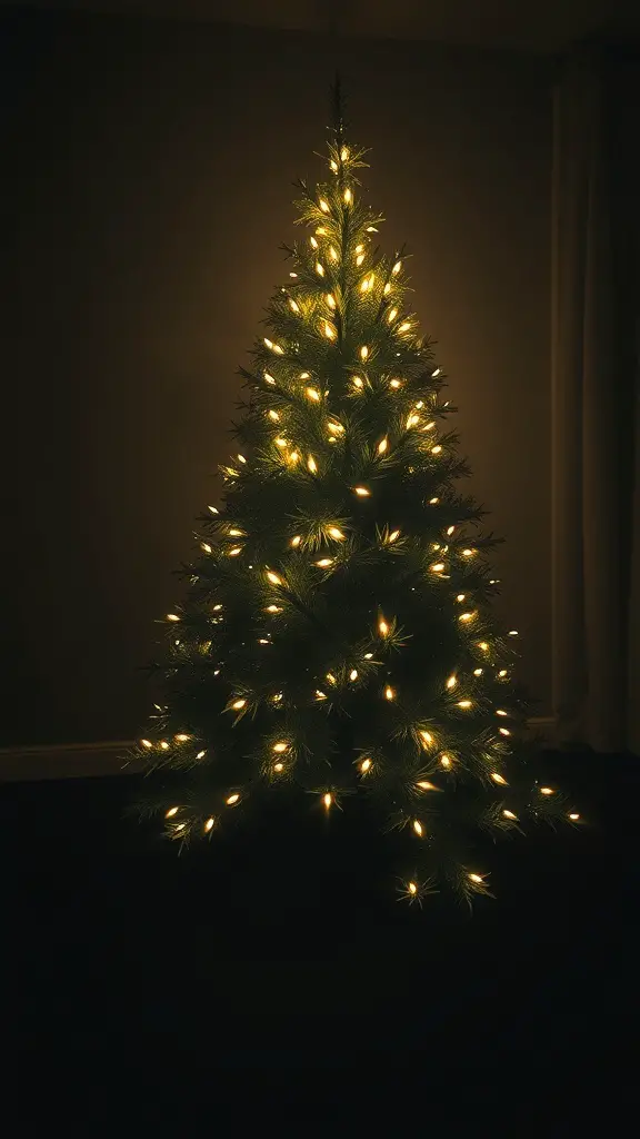 A beautifully lit Christmas tree with warm white lights in a dimly lit room.