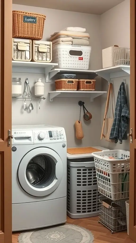 27+ Creative Small Space Solutions for Top Loader Laundry Rooms 2 A small, organized laundry room featuring a top loader washing machine, shelves with baskets, and a laundry sorting area.