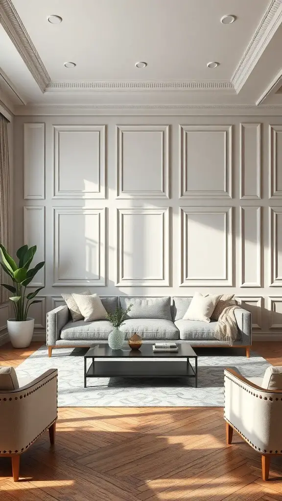 27+ Stunning Wall Molding Ideas to Transform Your Space 4 A modern living room featuring contemporary panel molding on the walls, with a gray sofa, two armchairs, and a coffee table.
