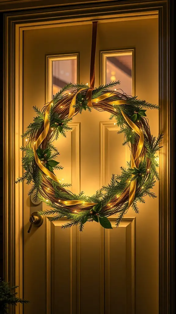 A decorative wreath with fairy lights and greenery hanging on a door.