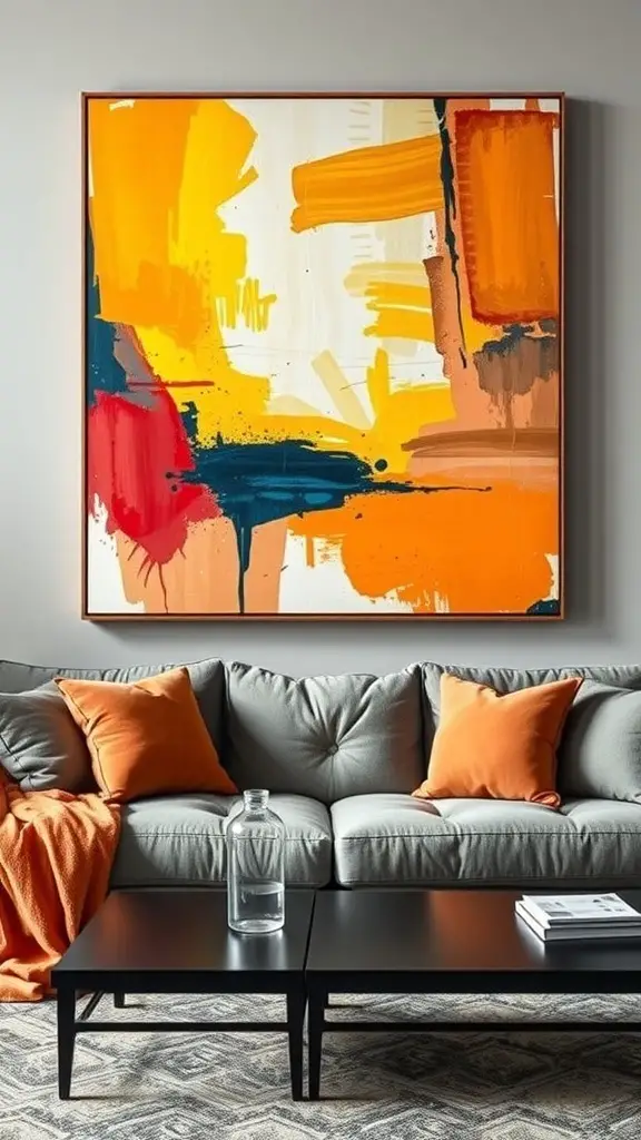 23+ Creative Above Sofa Wall Decor Ideas to Transform Your Space 6 Large abstract canvas art in vibrant colors above a grey sofa with orange pillows.