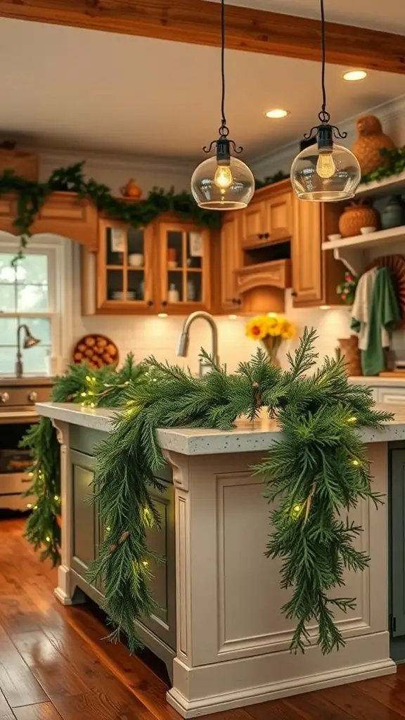 A kitchen island decorated with natural pine garland and warm lights, creating a festive atmosphere.