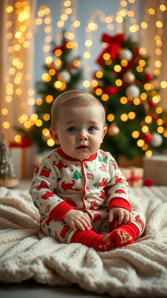 29+ Fun Christmas Activities for Babies to Celebrate the Holiday Season 5 A baby in festive pajamas sitting on a cozy blanket with Christmas trees and lights in the background.