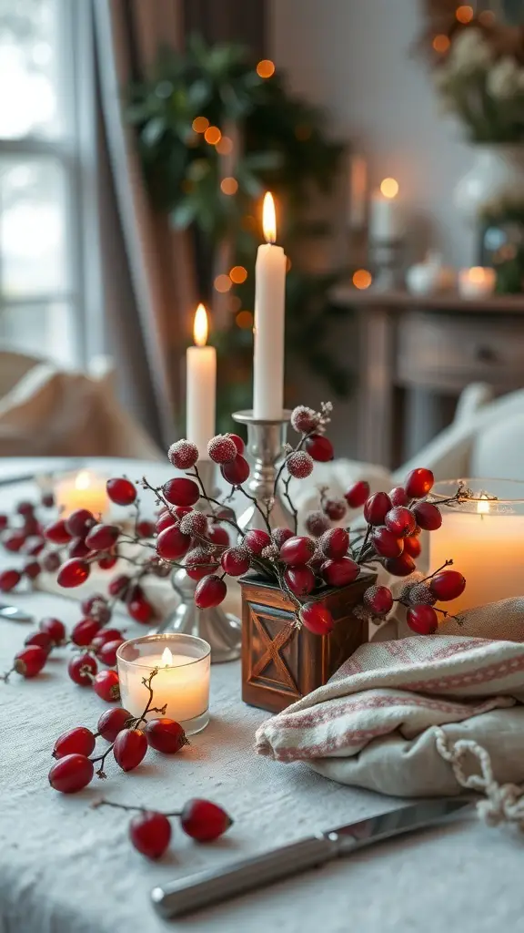 A beautifully set Christmas table with frosted berry accents, candles, and a cozy atmosphere.