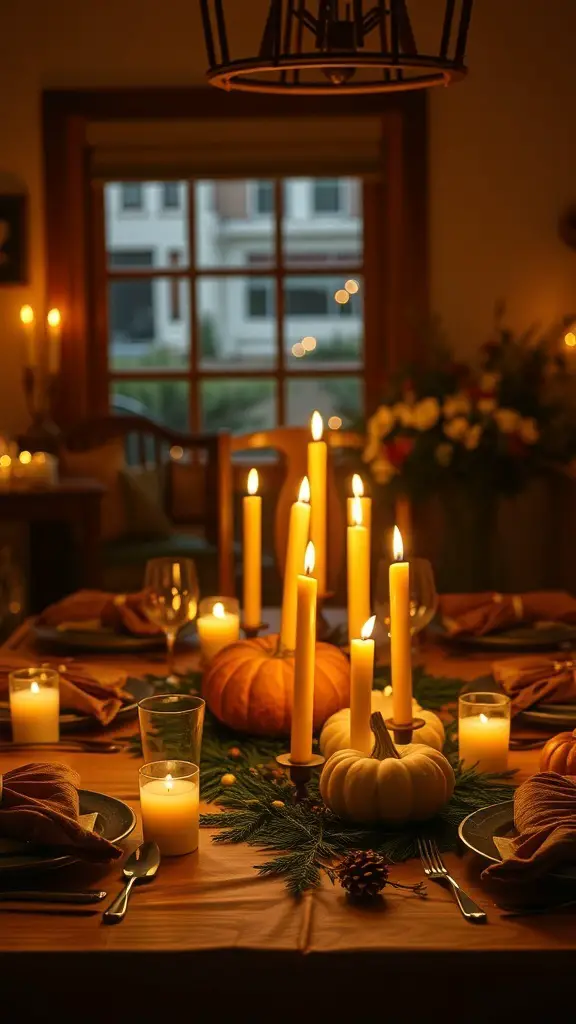 A beautifully set Thanksgiving table with candles, pumpkins, and greenery.