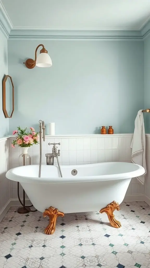 21+ Timeless Bathroom Ideas You’ll Love 4 A vintage-style bathroom featuring a freestanding bathtub with golden feet, soft blue walls, and elegant fixtures.