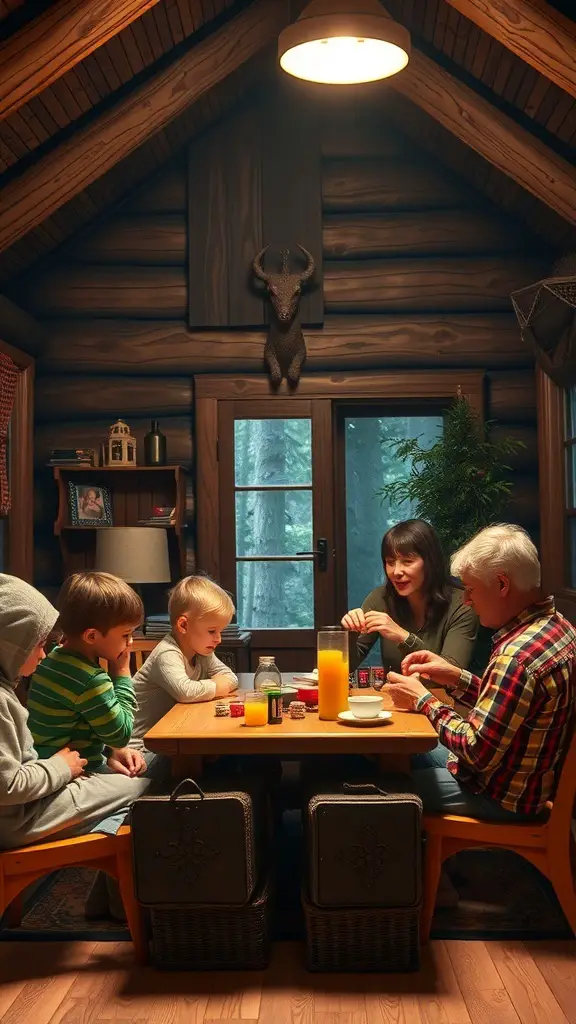 29+ Cozy Cabin Trip Ideas for Your Perfect Getaway 7 A family enjoying time together in a cozy cabin, playing games at a wooden table.