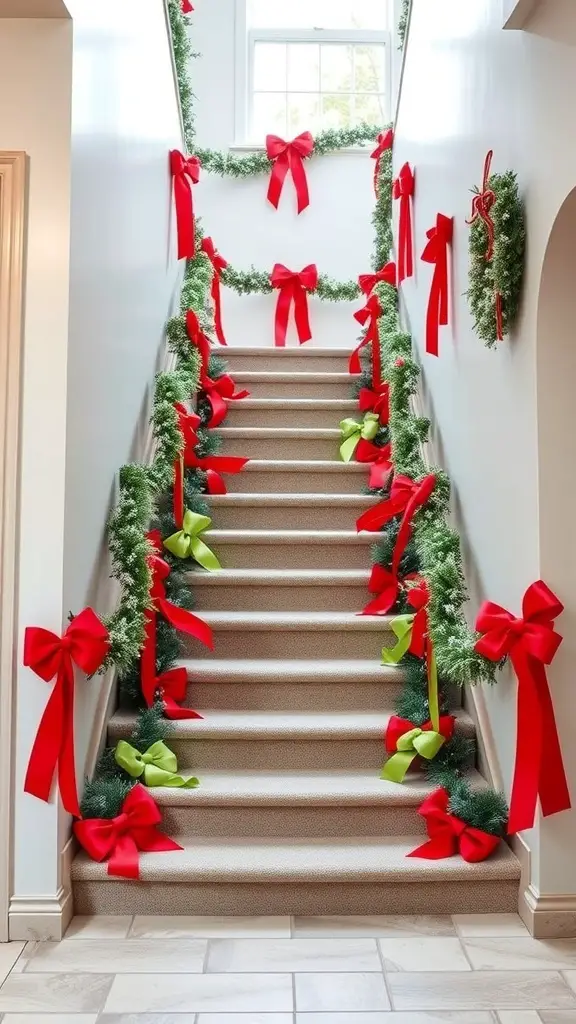 25+ Creative Christmas Staircase Decor Ideas to Transform Your Home 13 A beautifully decorated staircase with red and green ribbons and bows, adorned with greenery for Christmas.