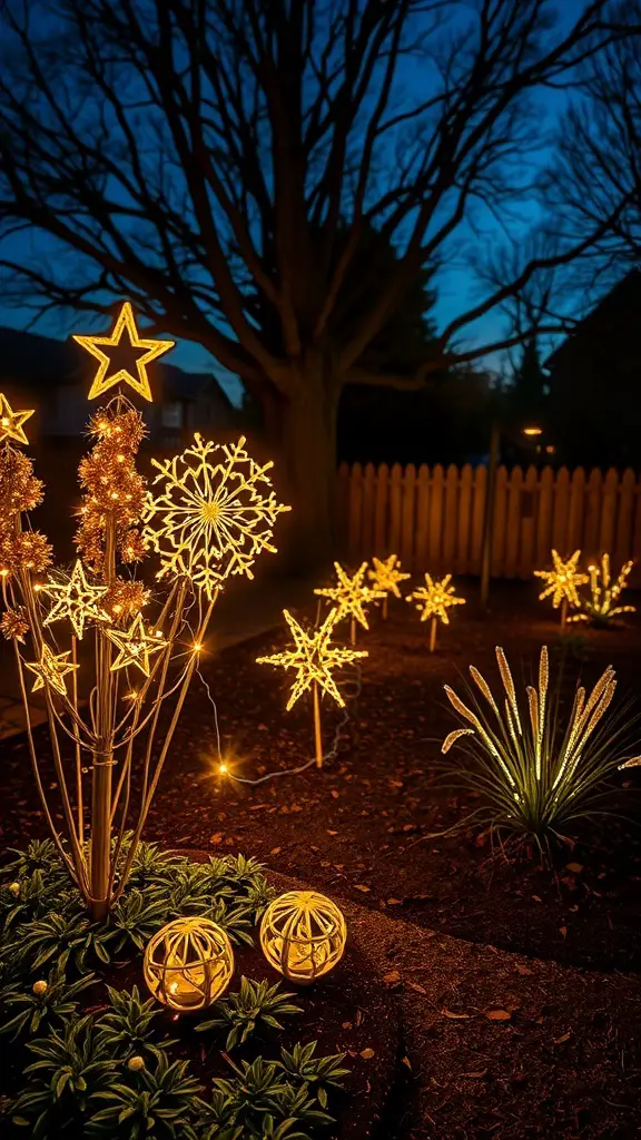 A garden decorated with solar-powered lights in the shape of stars and snowflakes, glowing warmly at dusk.