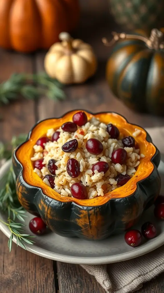 25+ Must-Try Thanksgiving Side Dishes You Need This Year 16 Stuffed acorn squash filled with wild rice and cranberries on a wooden table