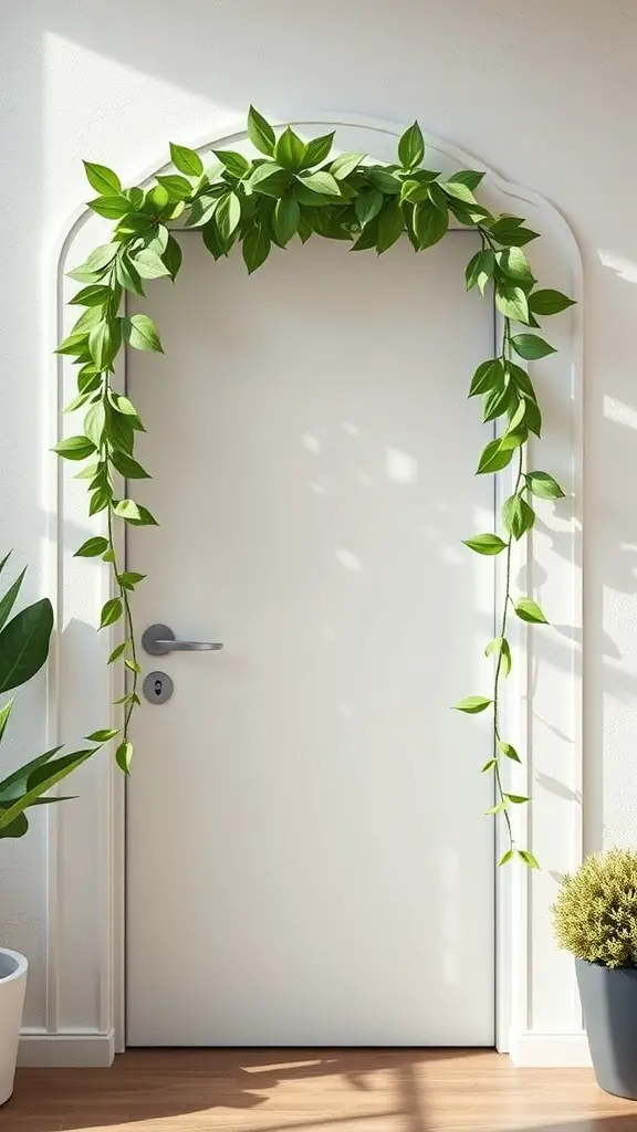 A white door adorned with a green garland, creating a fresh and modern look.