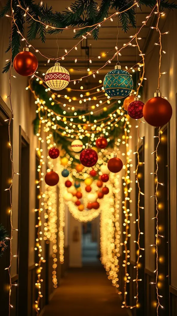 29+ Magical Hallway Christmas Light Ideas to Brighten Your Home 10 A beautifully decorated hallway with mini lights and colorful ornaments hanging from the ceiling.