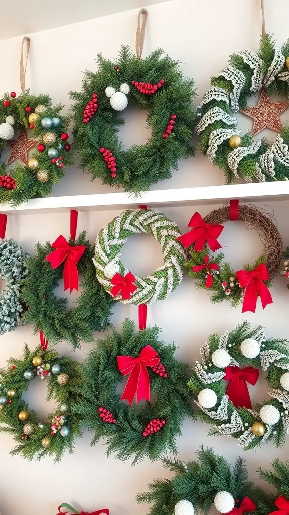 A collection of various DIY Christmas wreaths displayed on a shelf.