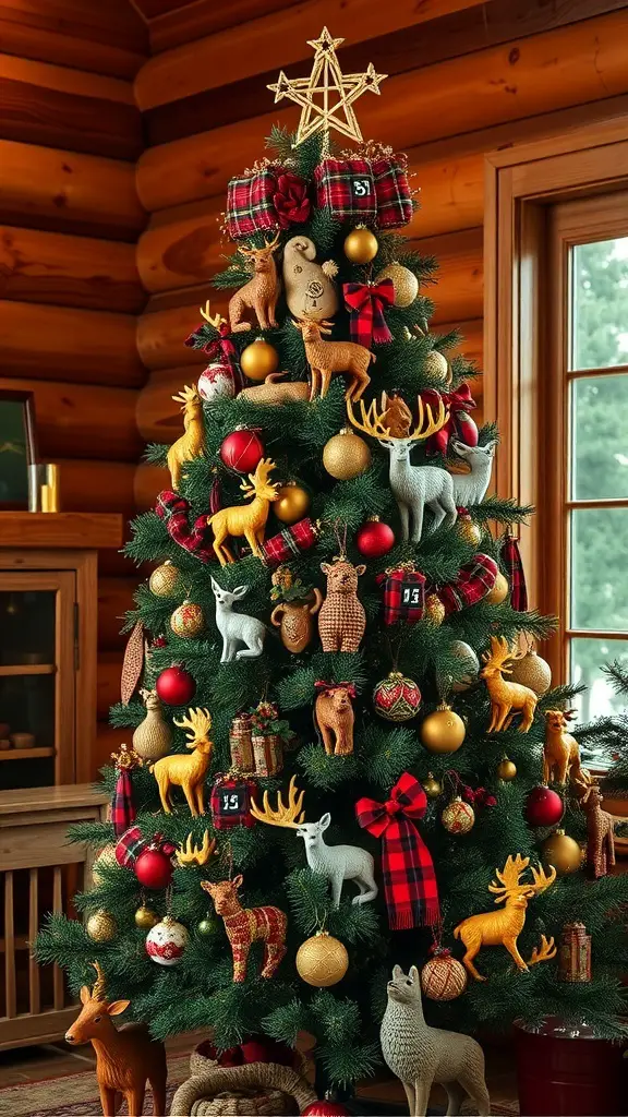 A beautifully decorated Christmas tree with wildlife-themed ornaments in a cozy cabin setting.