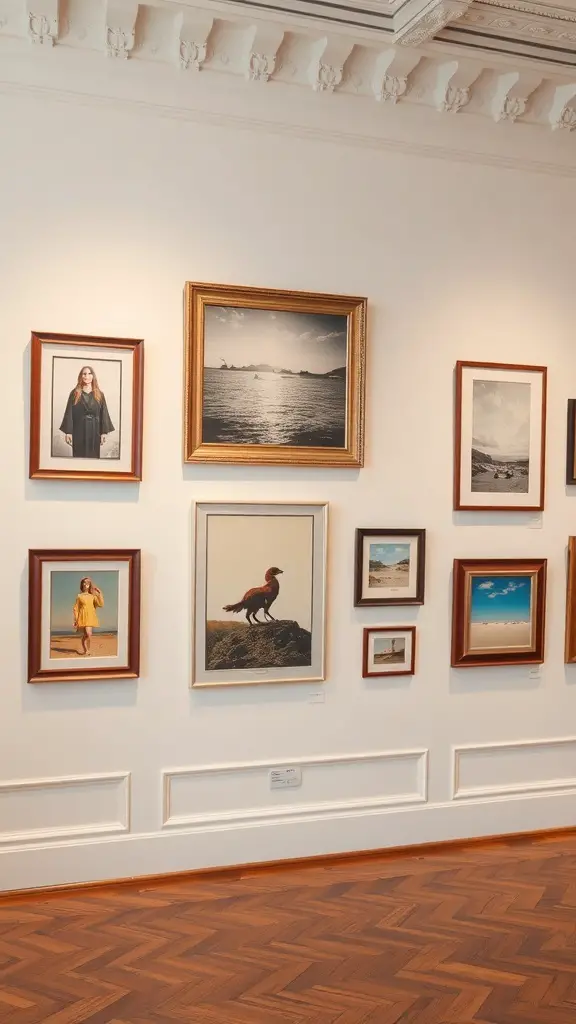 27+ Stunning Wall Molding Ideas to Transform Your Space 9 A wall displaying various framed pictures with different styles and colors.