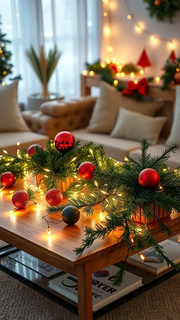 A beautifully decorated coffee table with holiday lights, greenery, and ornaments.