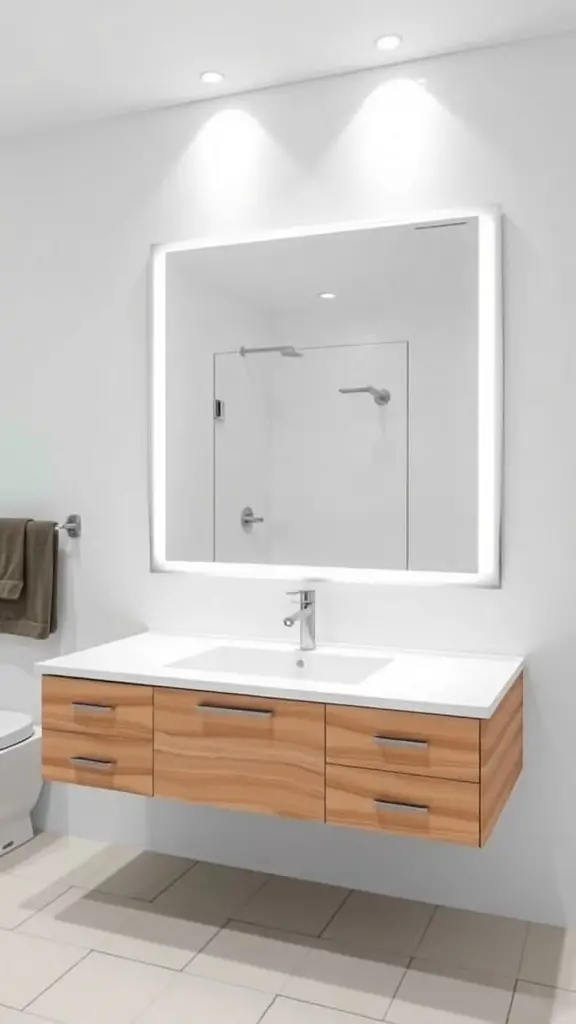 27+ Stunning Floating Vanity Ideas for Your Bathroom Renovation 11 A modern floating vanity with a mirror and built-in lighting in a bathroom.