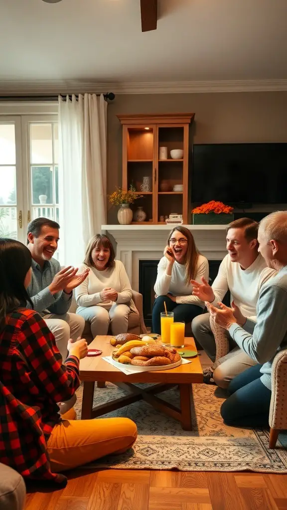 A group of family members playing Thanksgiving Charades around a coffee table with snacks.