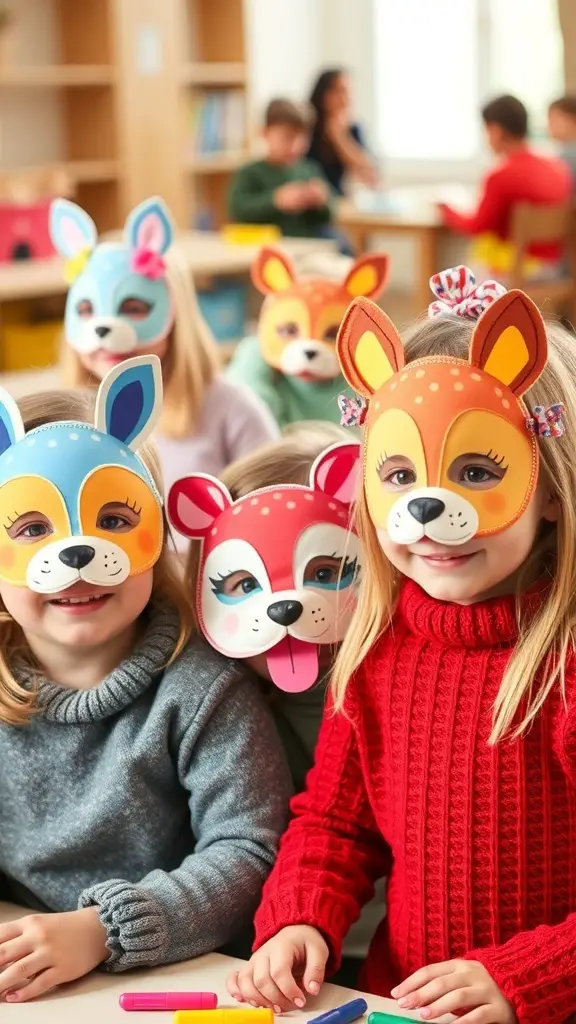 Children wearing colorful animal masks, smiling and engaging in a creative activity.