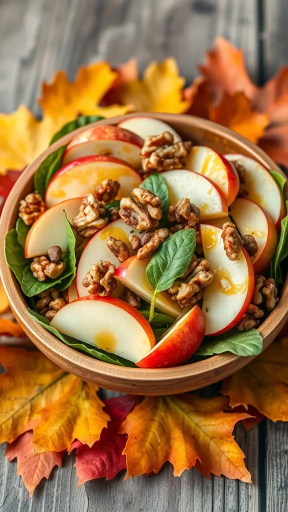 25+ Delicious Thanksgiving Dinner Ideas You Need to Try 10 A bowl of Apple and Walnut Salad with spinach, sliced apples, and walnuts, surrounded by autumn leaves.