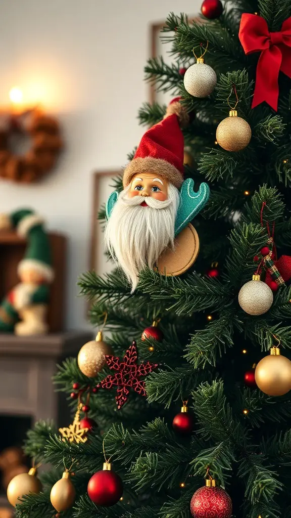 23+ Stunning Christmas Tree Topper Ideas to Inspire Your Holiday Decor 5 A vintage Santa figurine atop a Christmas tree, surrounded by ornaments and decorations.