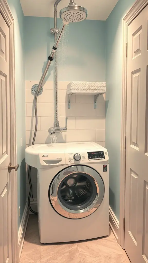 Compact laundry room with a pet washing station featuring a shower head and a washing machine.