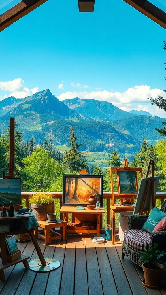 29+ Cozy Cabin Trip Ideas for Your Perfect Getaway 15 A cozy cabin space with easels and paintings overlooking a mountain view.