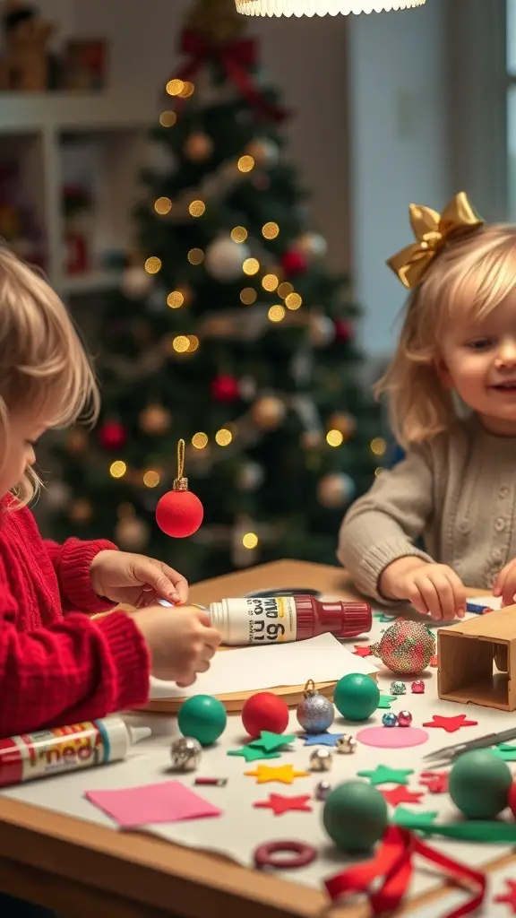 27+ Fun Christmas Activities for Toddlers 9 Two toddlers making DIY Christmas ornaments at a table with colorful supplies and a Christmas tree in the background.