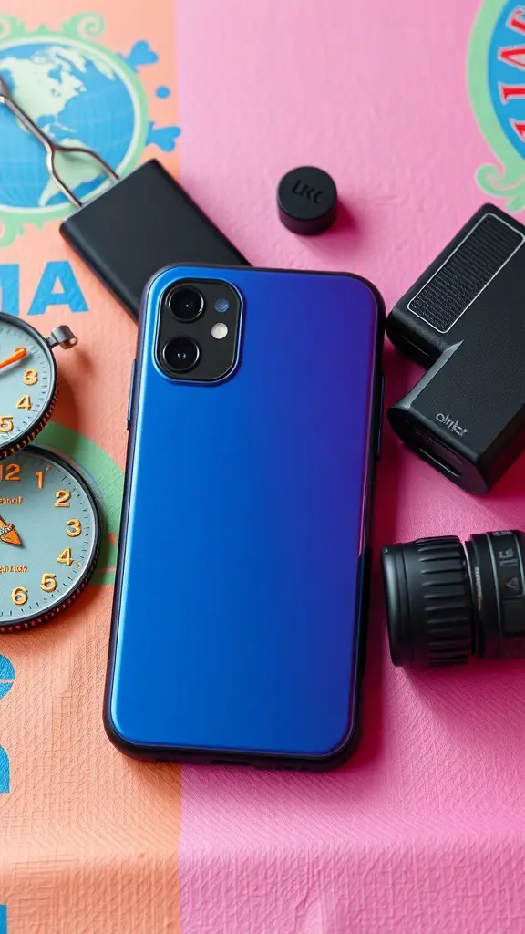 A stylish blue phone case surrounded by various tech accessories on a colorful background.