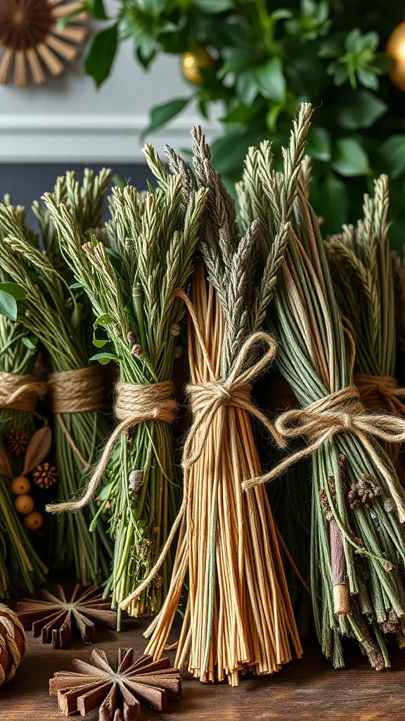 A collection of herb and spice bundles tied with twine, showcasing various herbs and spices.