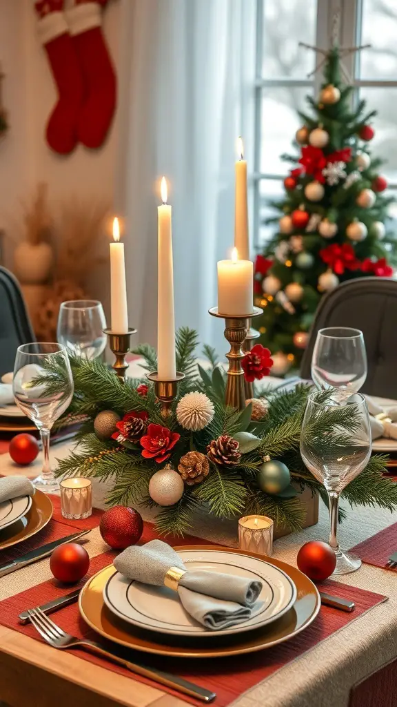 A beautifully decorated Christmas table centerpiece with candles, ornaments, and greenery.
