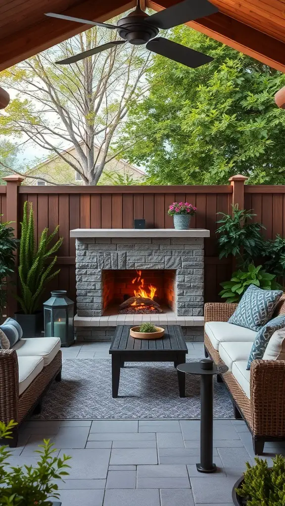 29+ Stylish Electric Fireplace Ideas to Transform Your Home 4 A cozy outdoor space featuring an electric fireplace, comfortable seating, and decorative plants.
