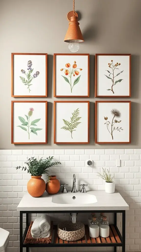 29+ Inspiring Boho Bathroom Shelf Decor Ideas to Transform Your Space 12 A bathroom shelf with framed botanical prints, a sink, and decorative pots.