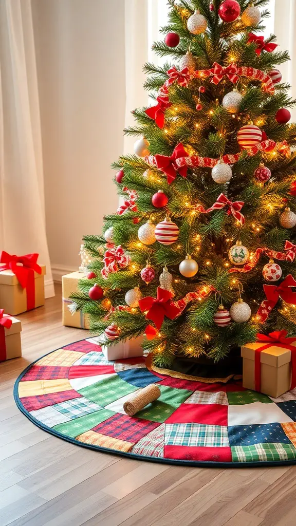 29+ Creative Sewing Projects for Handmade Christmas Gifts 10 A colorful patchwork Christmas tree skirt under a decorated Christmas tree with presents.