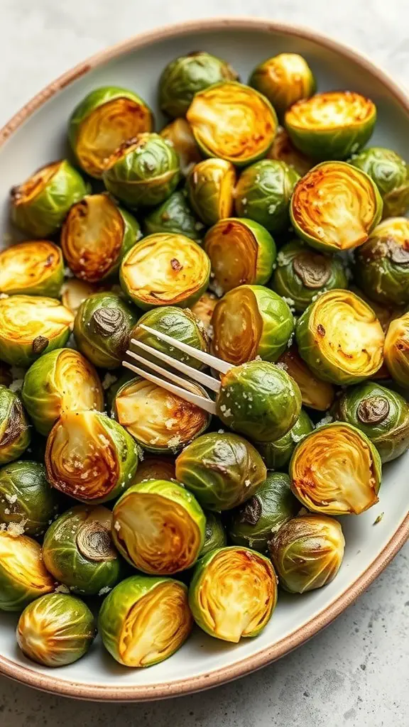 29+ Delicious Thanksgiving Appetizers to Impress Your Guests 9 A plate of roasted Brussels sprouts with a golden-brown color, garnished with garlic and Parmesan cheese.